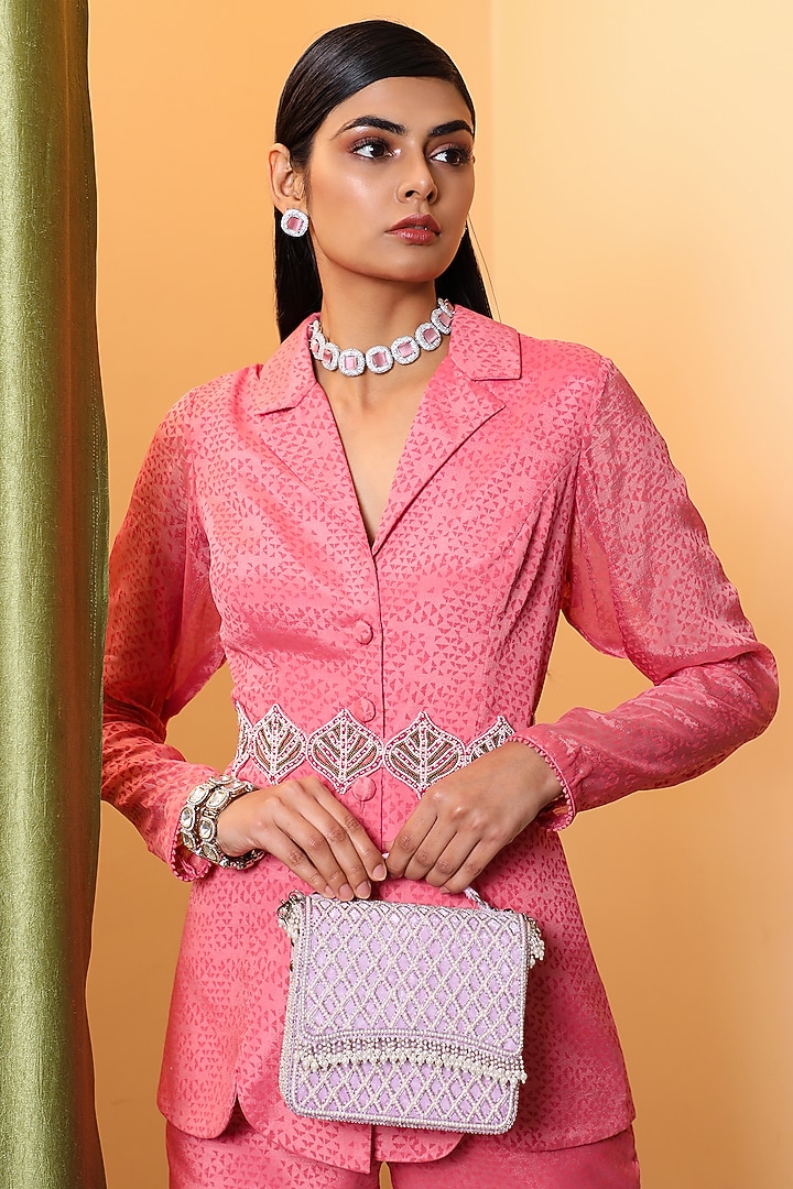 Punch Pink Chiffon Printed Pant Set by Vidushi Gupta at Pernia's Pop Up Shop