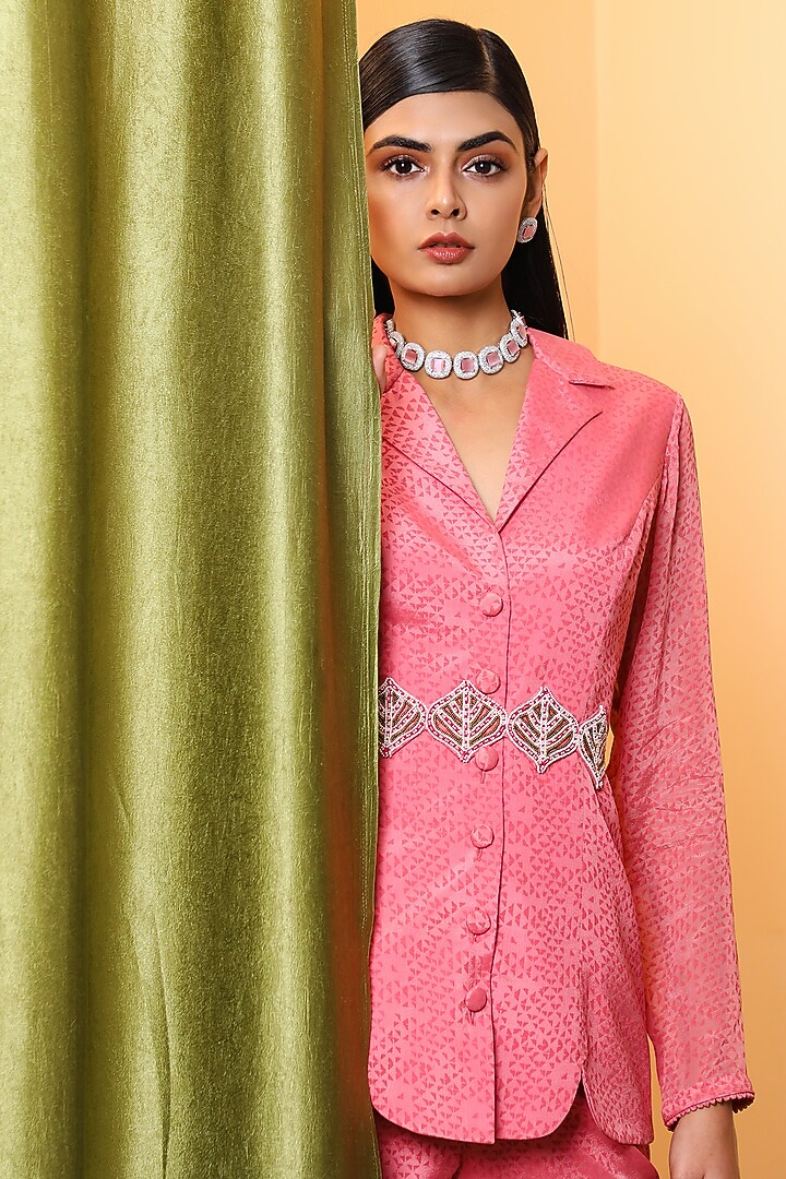 Punch Pink Chiffon Printed Pant Set by Vidushi Gupta at Pernia's Pop Up Shop