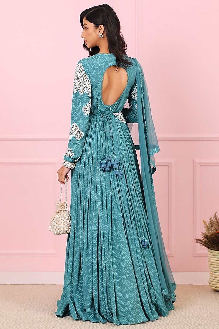 Teal Blue Hand Embroidered Wedding Anarkali Set by Vidushi Gupta at Pernia's Pop Up Shop