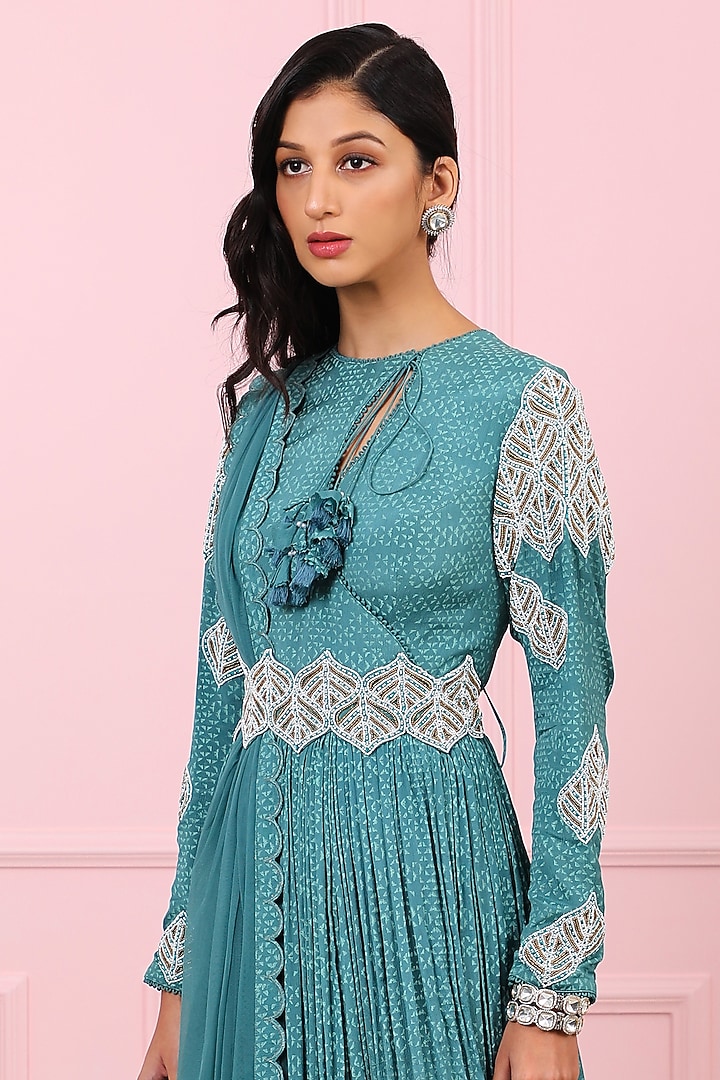 Teal Blue Hand Embroidered Wedding Anarkali Set by Vidushi Gupta at Pernia's Pop Up Shop
