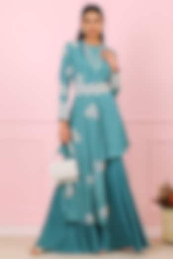 Teal Blue Chiffon Gharara Set by Vidushi Gupta