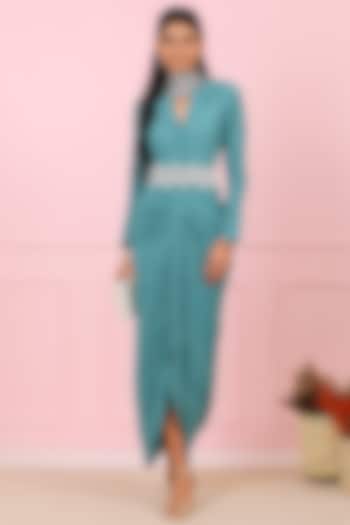 Teal Blue Hand Embroidered Maxi Dress by Vidushi Gupta