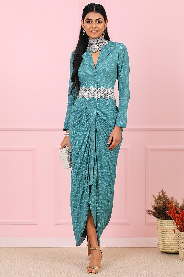 Teal Blue Hand Embroidered Maxi Dress by Vidushi Gupta