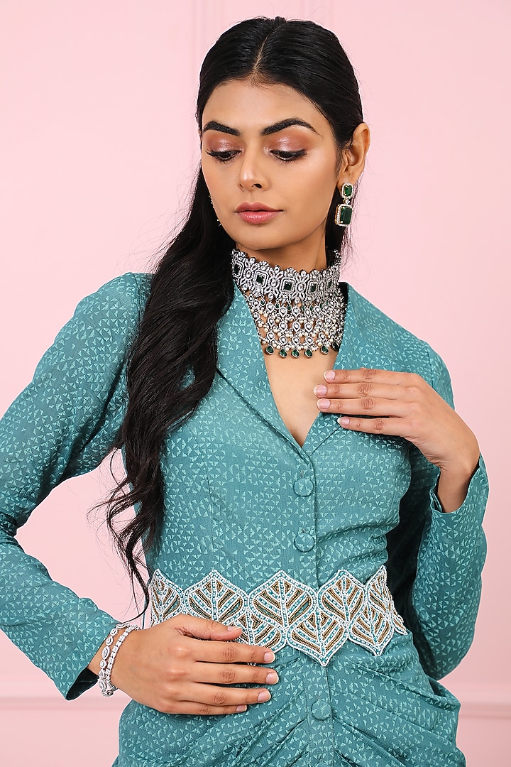 Teal Blue Hand Embroidered Maxi Vacation Dress by Vidushi Gupta at Pernia's Pop Up Shop