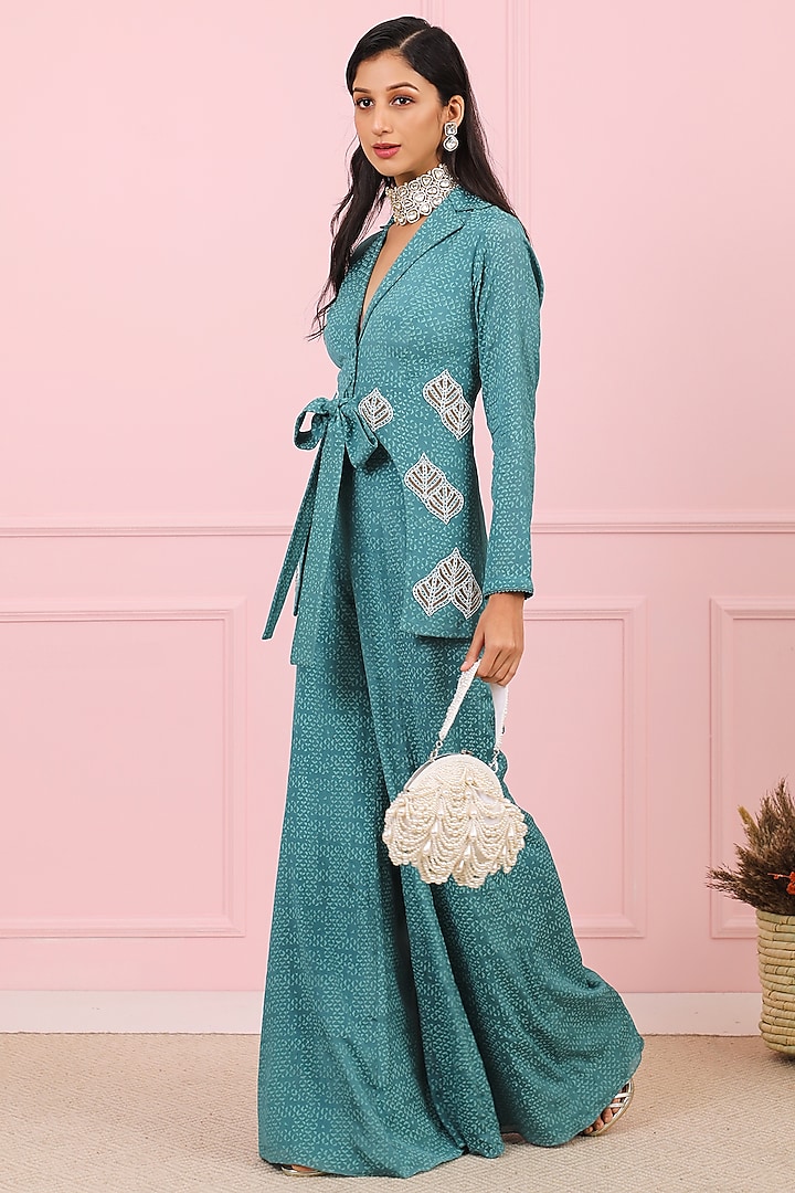 Teal Blue Geometric Printed Pant Set by Vidushi Gupta at Pernia's Pop Up Shop