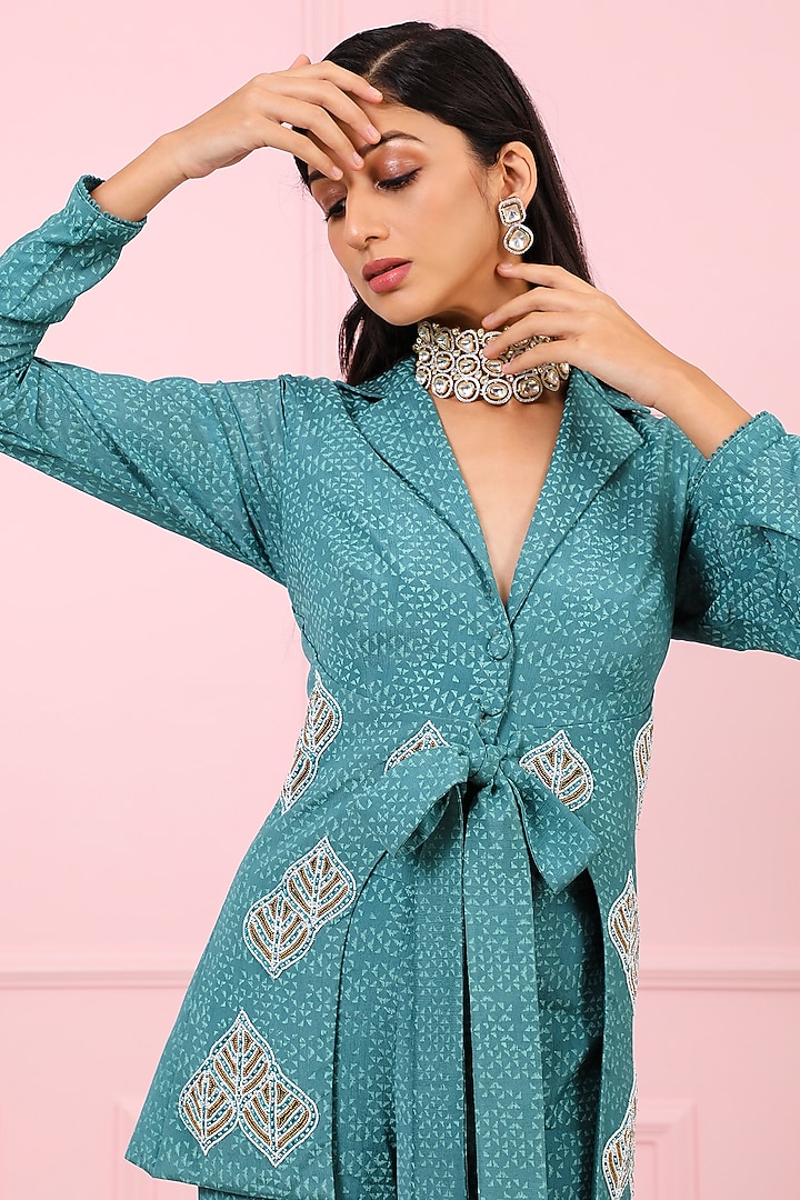 Teal Blue Geometric Printed Pant Set by Vidushi Gupta at Pernia's Pop Up Shop