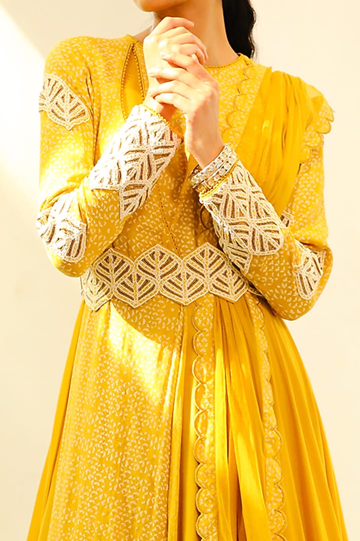 Canary yellow Hand Embroidered Wedding Anarkali Set by Vidushi Gupta at Pernia's Pop Up Shop