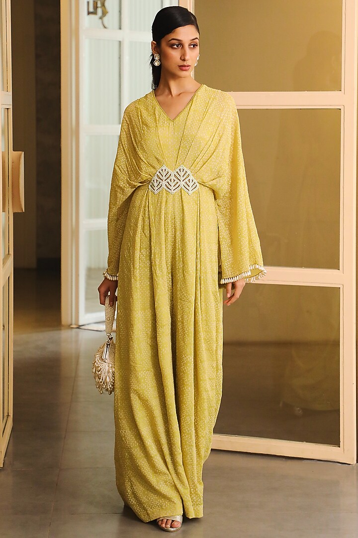 Lime Green Chiffon Printed Jumpsuit With Belt by Vidushi Gupta at Pernia's Pop Up Shop
