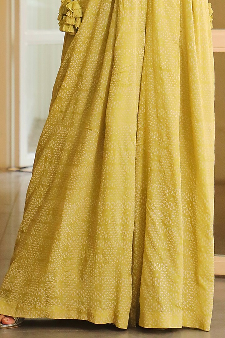 Lime Green Chiffon Printed Jumpsuit With Belt by Vidushi Gupta at Pernia's Pop Up Shop