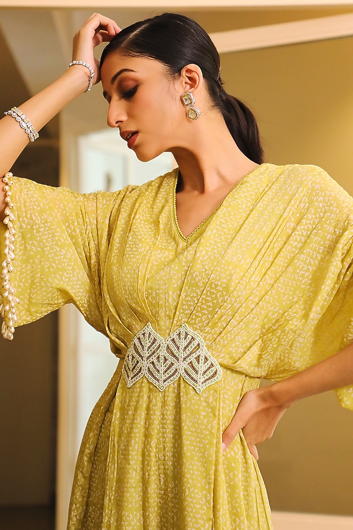 Lime Green Chiffon Printed Jumpsuit With Belt by Vidushi Gupta at Pernia's Pop Up Shop