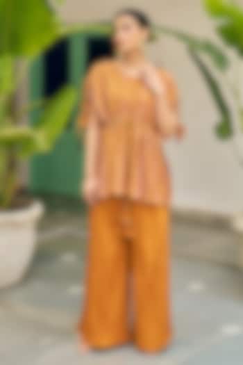 Ochre Yellow Pure Modal Silk & Pure Cotton Silk Embellished Pant Set by Vidushi Gupta at Pernia's Pop Up Shop