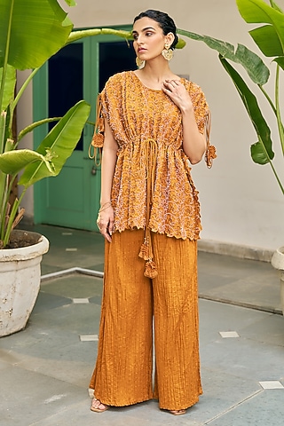 Ochre Yellow Pure Modal Silk & Pure Cotton Silk Embellished Pant Set by Vidushi Gupta