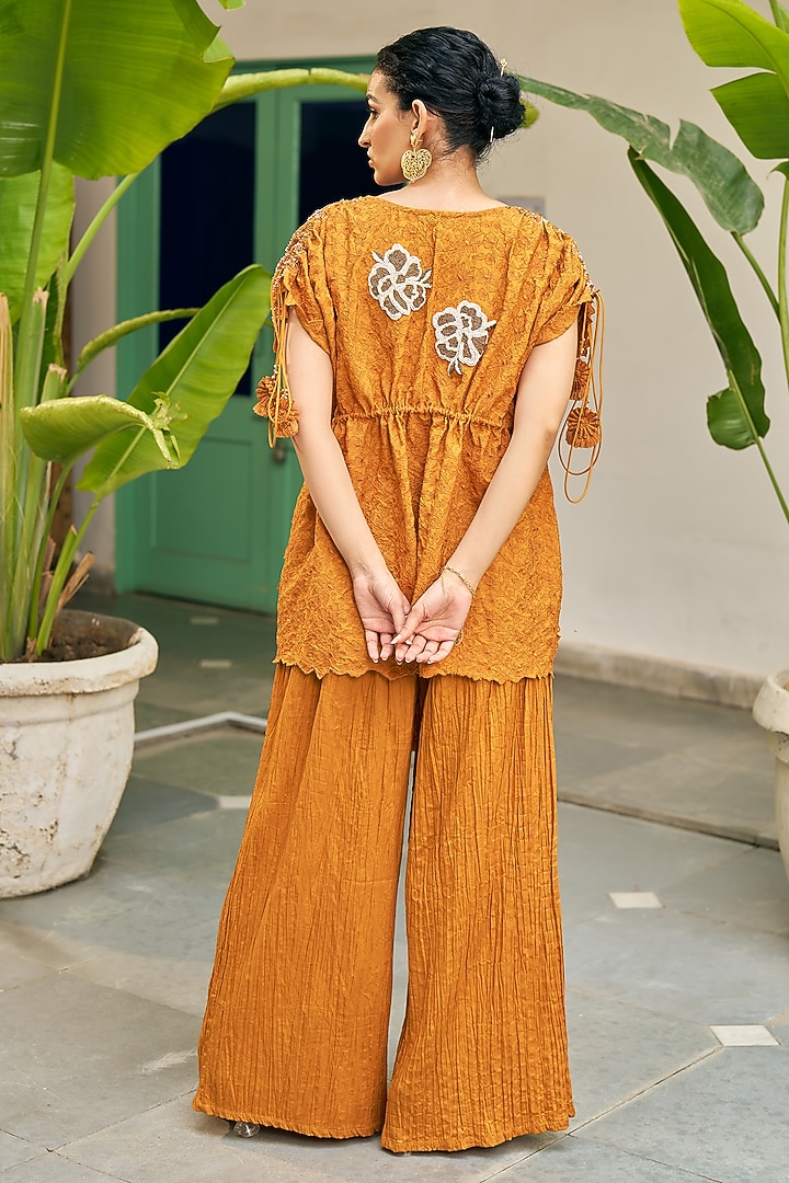 Ochre Yellow Pure Modal Silk & Pure Cotton Silk Embellished Pant Set by Vidushi Gupta at Pernia's Pop Up Shop