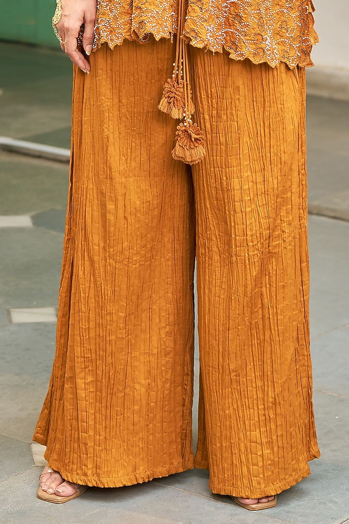 Ochre Yellow Pure Modal Silk & Pure Cotton Silk Embellished Pant Set by Vidushi Gupta at Pernia's Pop Up Shop