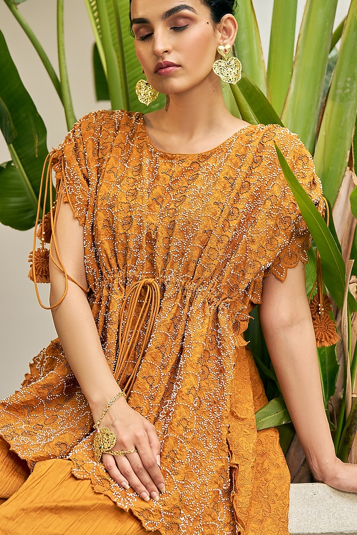 Ochre Yellow Pure Modal Silk & Pure Cotton Silk Embellished Pant Set by Vidushi Gupta at Pernia's Pop Up Shop