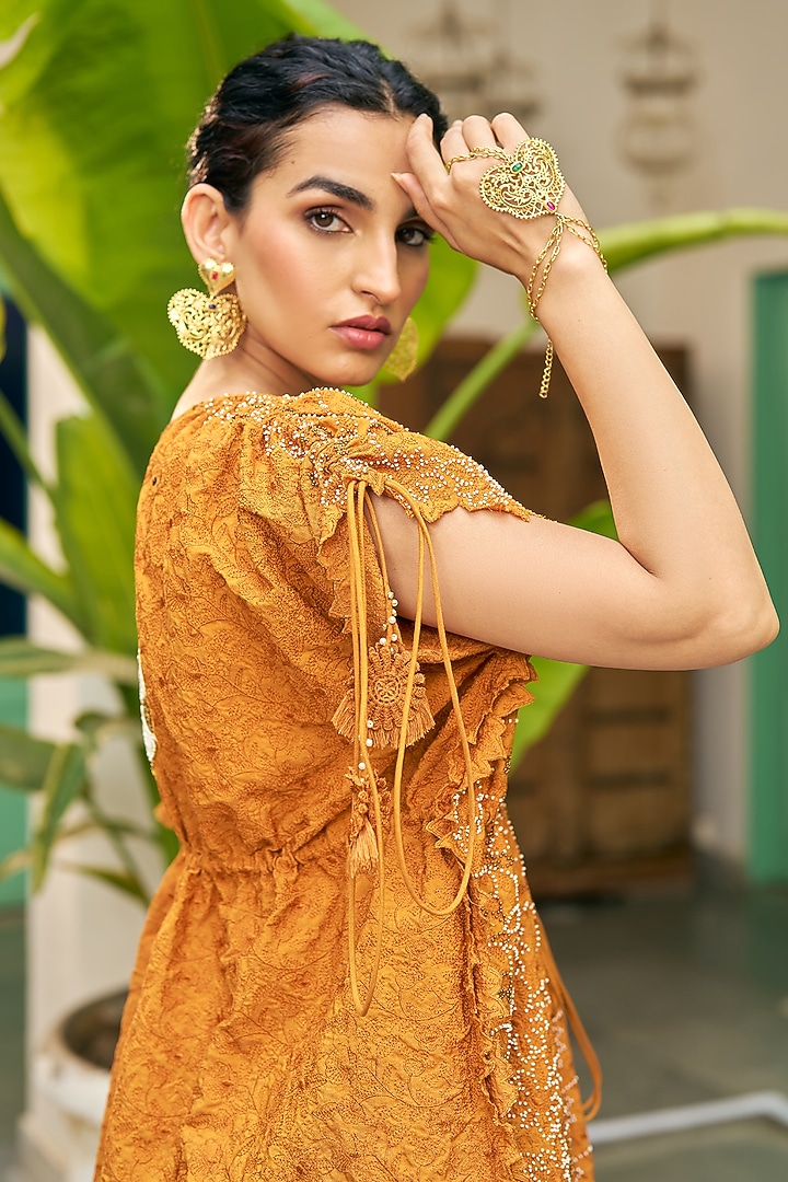 Ochre Yellow Pure Modal Silk & Pure Cotton Silk Embellished Pant Set by Vidushi Gupta at Pernia's Pop Up Shop