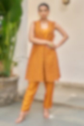 Ochre Yellow Pure Modal Silk & Pure Cotton Silk Embellished Jacket Set by Vidushi Gupta at Pernia's Pop Up Shop