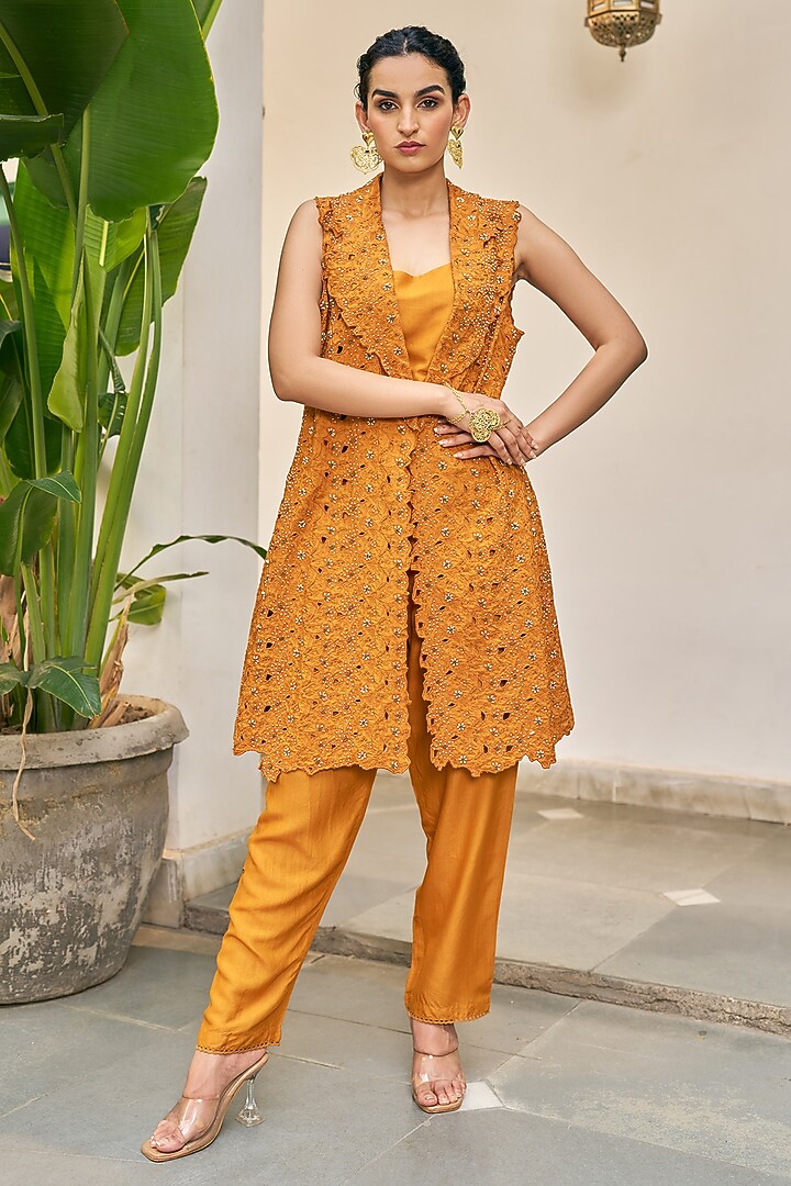 Ochre Yellow Pure Modal Silk & Pure Cotton Silk Embellished Jacket Set by Vidushi Gupta at Pernia's Pop Up Shop