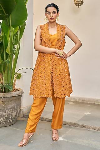Ochre Yellow Pure Modal Silk & Pure Cotton Silk Embellished Jacket Set by Vidushi Gupta