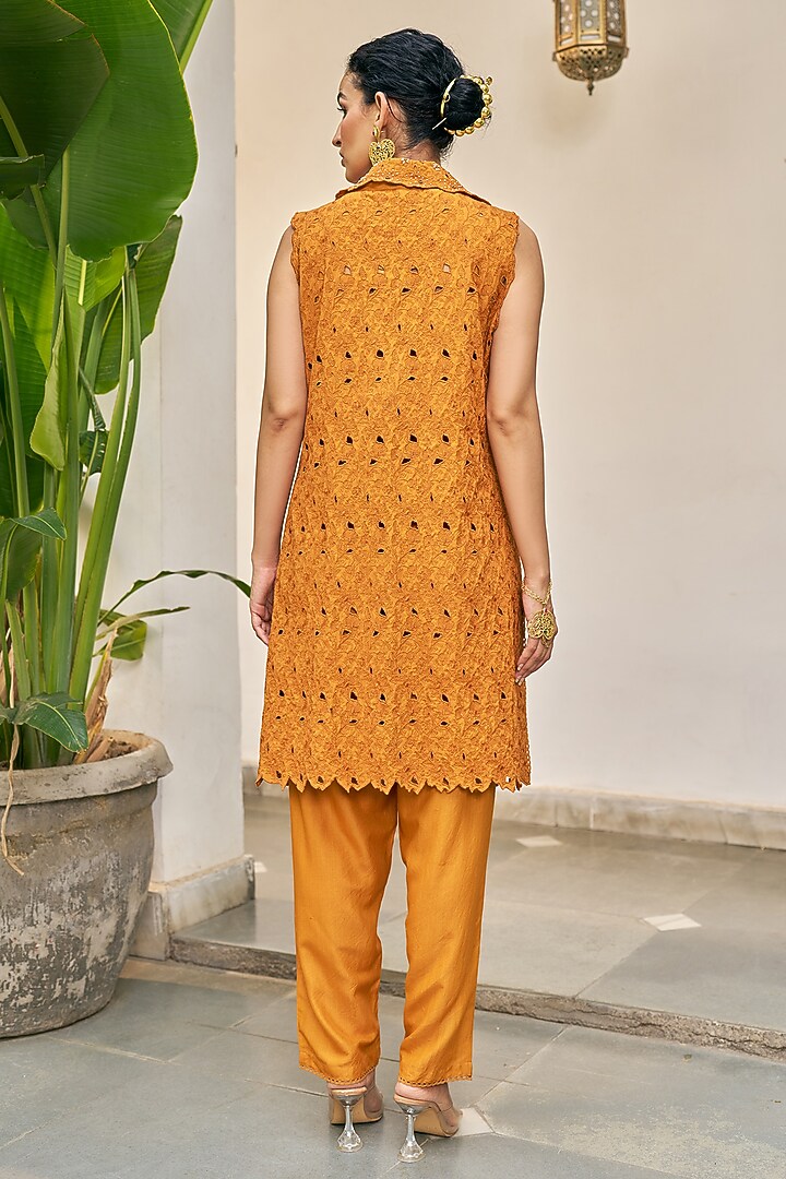 Ochre Yellow Pure Modal Silk & Pure Cotton Silk Embellished Jacket Set by Vidushi Gupta at Pernia's Pop Up Shop