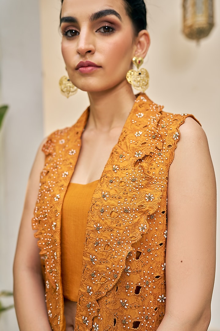 Ochre Yellow Pure Modal Silk & Pure Cotton Silk Embellished Jacket Set by Vidushi Gupta at Pernia's Pop Up Shop