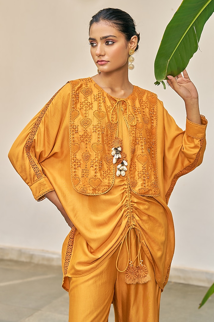 Ochre Yellow Pure Modal Silk & Pure Cotton Silk Embellished Kurta Set by Vidushi Gupta at Pernia's Pop Up Shop