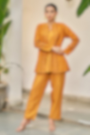 Ochre Yellow Pure Modal Silk & Pure Cotton Silk Embellished Jacket Set by Vidushi Gupta at Pernia's Pop Up Shop
