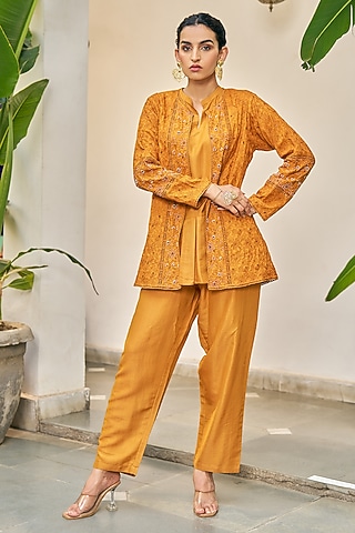 Ochre Yellow Pure Modal Silk & Pure Cotton Silk Embellished Jacket Set by Vidushi Gupta