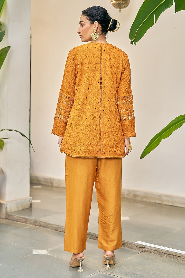 Ochre Yellow Pure Modal Silk & Pure Cotton Silk Embellished Jacket Set by Vidushi Gupta at Pernia's Pop Up Shop
