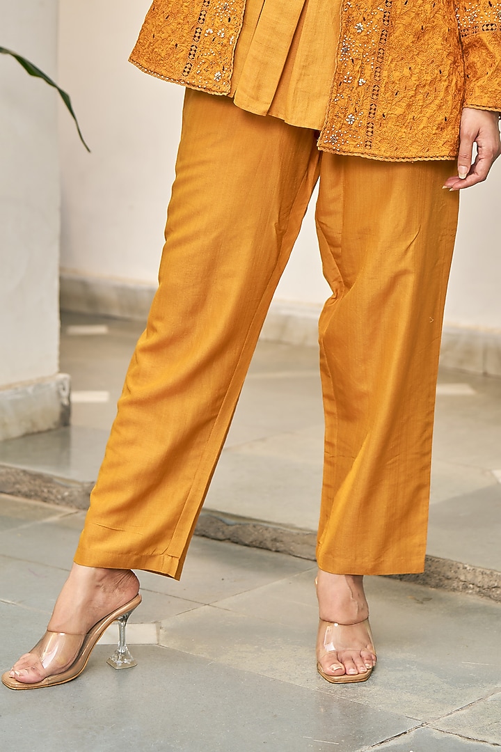 Ochre Yellow Pure Modal Silk & Pure Cotton Silk Embellished Jacket Set by Vidushi Gupta at Pernia's Pop Up Shop