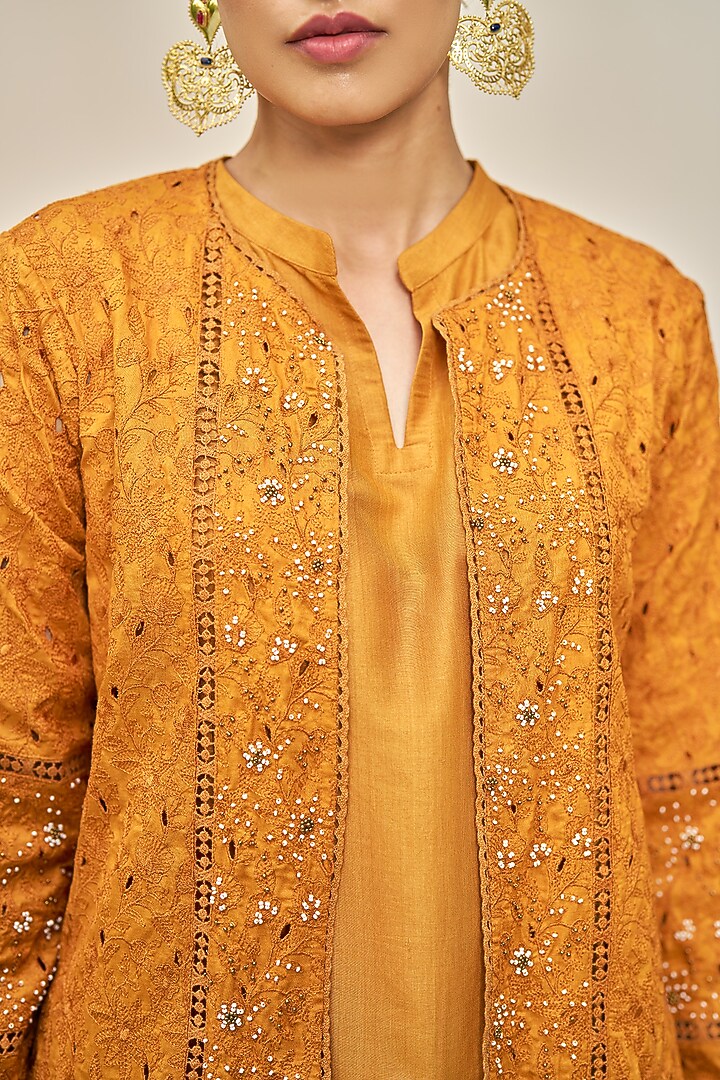 Ochre Yellow Pure Modal Silk & Pure Cotton Silk Embellished Jacket Set by Vidushi Gupta at Pernia's Pop Up Shop
