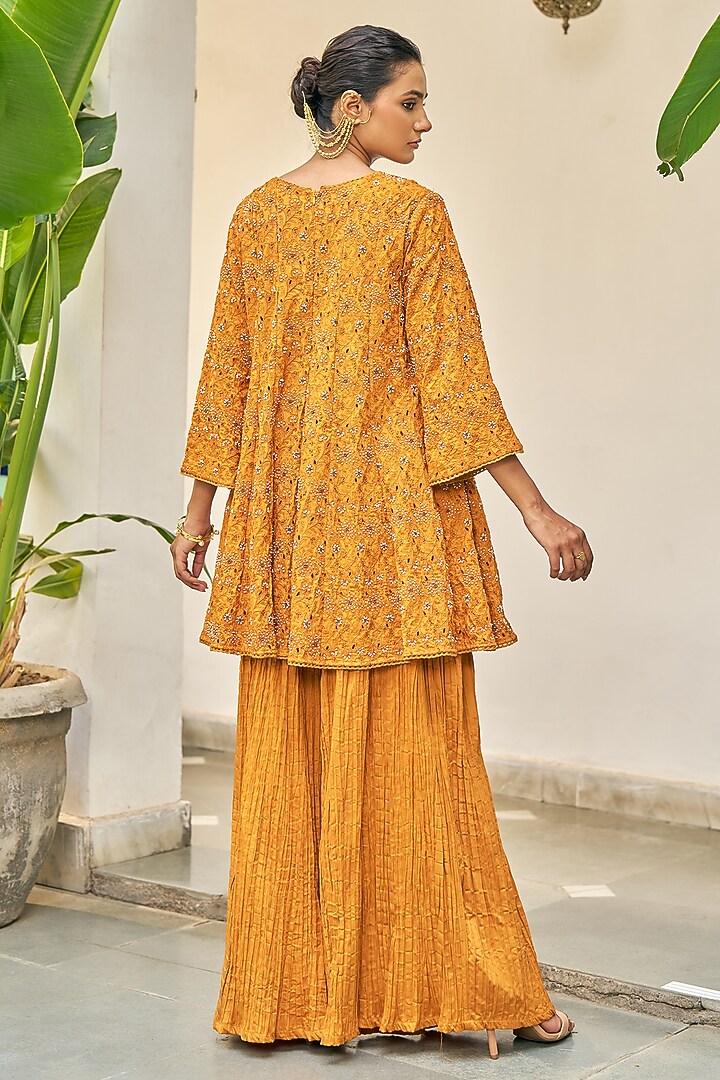 Ochre Yellow Pure Modal Silk & Pure Cotton Silk Embellished Kurta Set by Vidushi Gupta at Pernia's Pop Up Shop