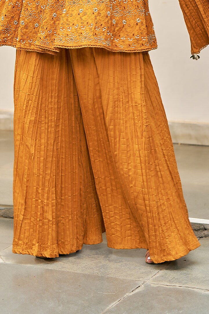Ochre Yellow Pure Modal Silk & Pure Cotton Silk Embellished Kurta Set by Vidushi Gupta at Pernia's Pop Up Shop