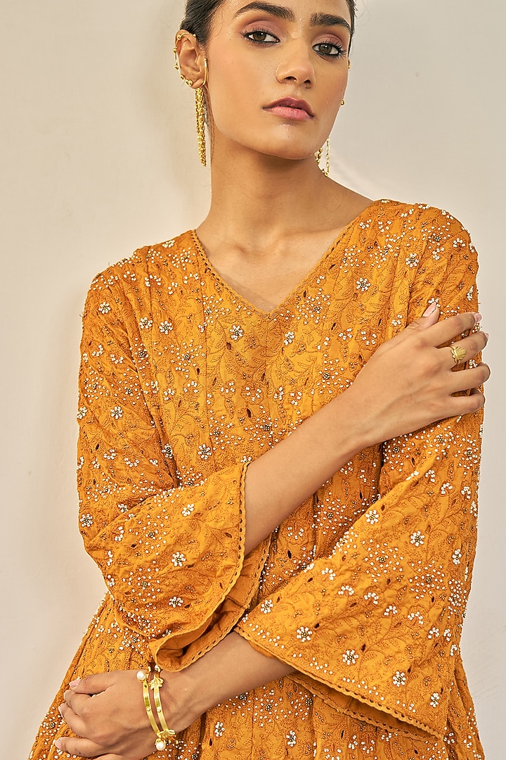 Ochre Yellow Pure Modal Silk & Pure Cotton Silk Embellished Kurta Set by Vidushi Gupta at Pernia's Pop Up Shop
