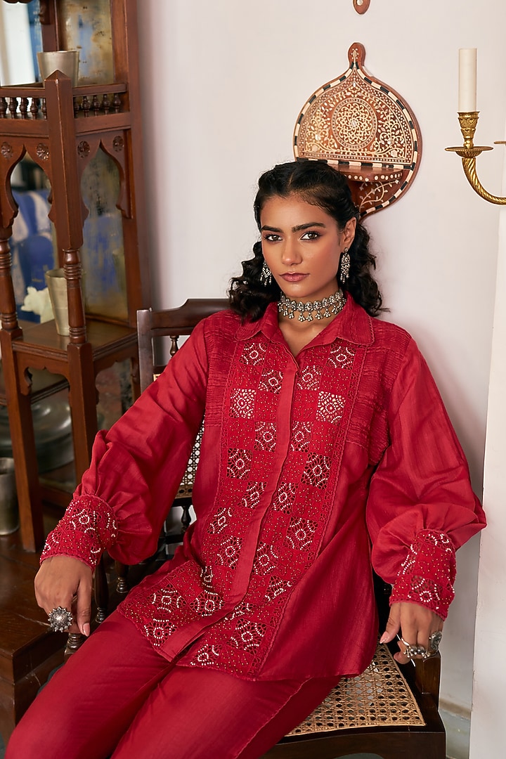 Ruby Red Pure Modal Silk & Pure Cotton Silk Pant Set by Vidushi Gupta at Pernia's Pop Up Shop