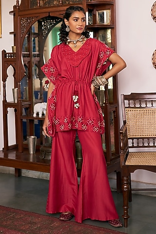 Ruby Red Pure Modal Silk & Pure Cotton Silk Pant Set by Vidushi Gupta