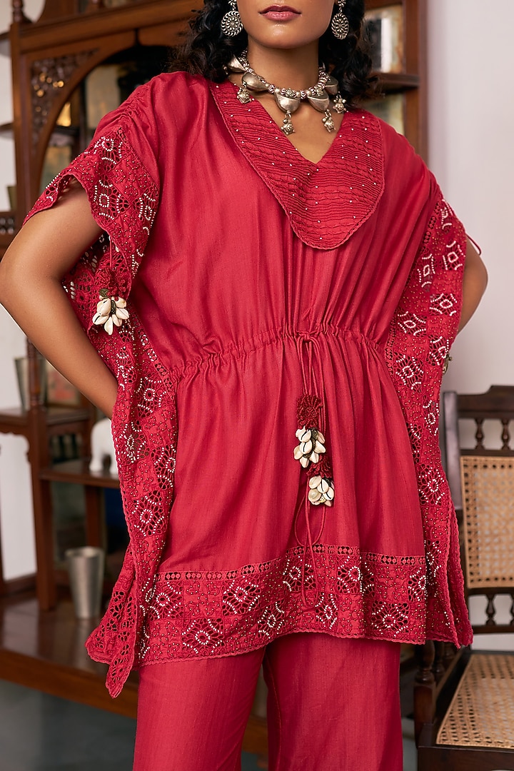 Ruby Red Pure Modal Silk & Pure Cotton Silk Pant Set by Vidushi Gupta at Pernia's Pop Up Shop