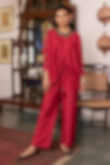 Ruby Red Pure Modal Silk & Pure Cotton Silk Embellished Kurta Set by Vidushi Gupta at Pernia's Pop Up Shop