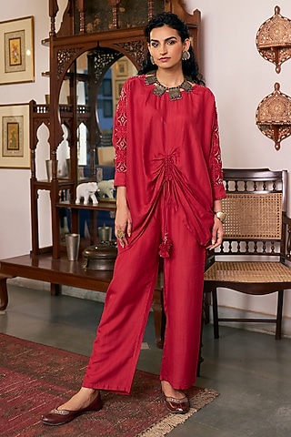Ruby Red Pure Modal Silk & Pure Cotton Silk Embellished Kurta Set by Vidushi Gupta