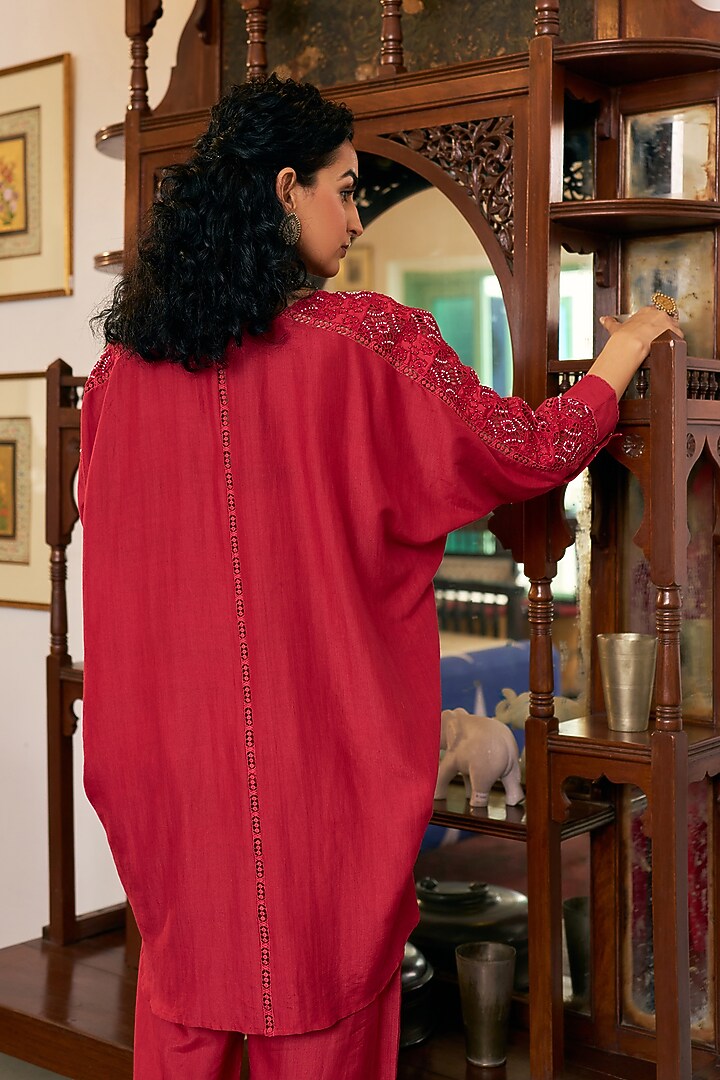 Ruby Red Pure Modal Silk & Pure Cotton Silk Embellished Kurta Set by Vidushi Gupta at Pernia's Pop Up Shop