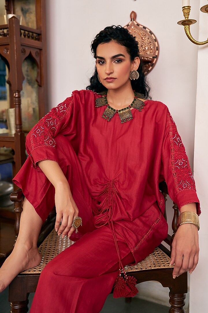 Ruby Red Pure Modal Silk & Pure Cotton Silk Embellished Kurta Set by Vidushi Gupta at Pernia's Pop Up Shop
