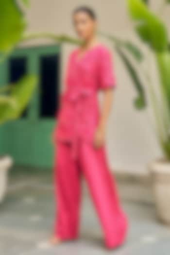 Fuchsia Pink Pure Modal Silk & Pure Cotton Silk Pant Set by Vidushi Gupta at Pernia's Pop Up Shop