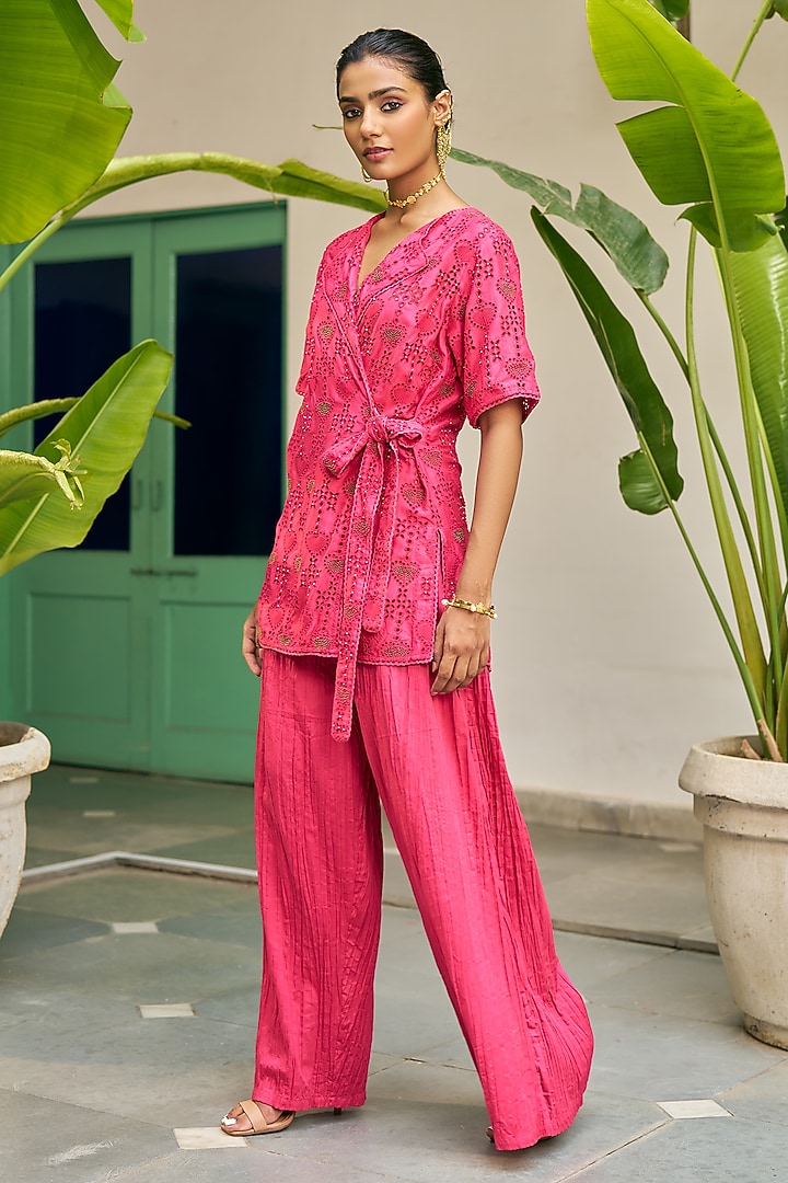 Fuchsia Pink Pure Modal Silk & Pure Cotton Silk Pant Set by Vidushi Gupta at Pernia's Pop Up Shop