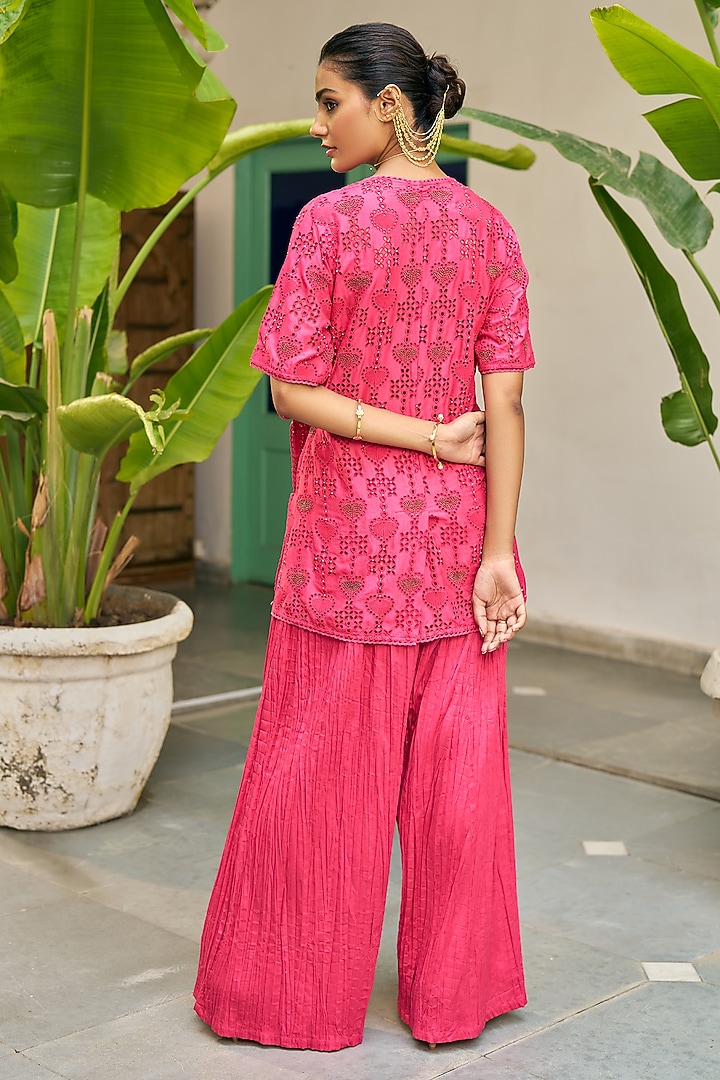 Fuchsia Pink Pure Modal Silk & Pure Cotton Silk Pant Set by Vidushi Gupta at Pernia's Pop Up Shop