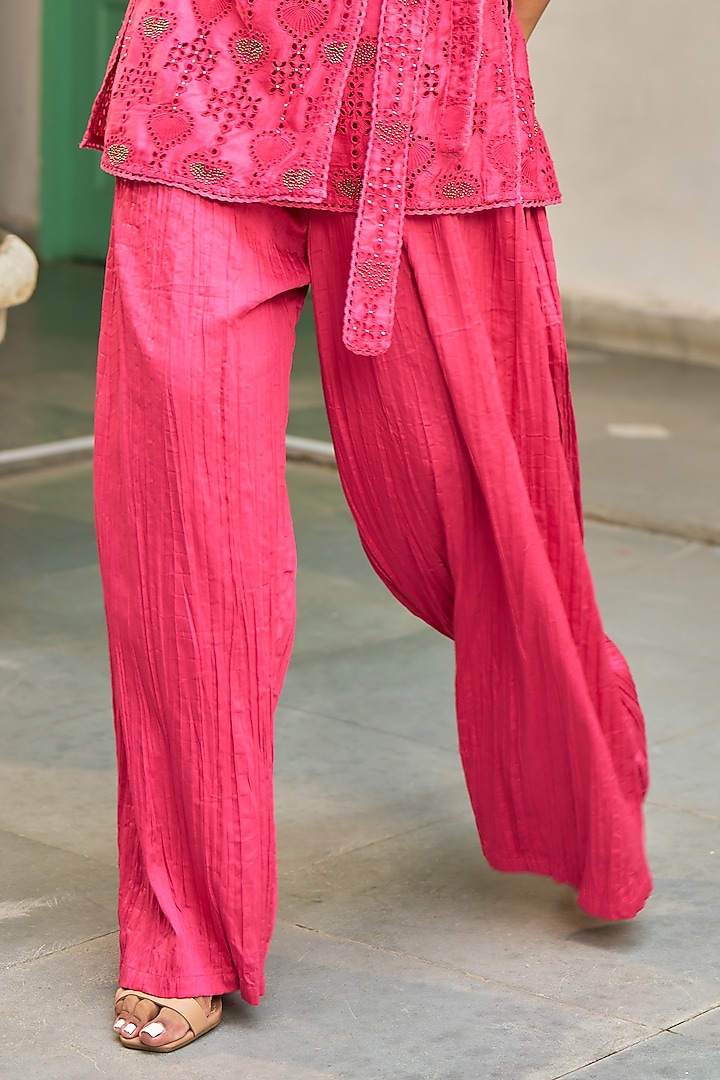Fuchsia Pink Pure Modal Silk & Pure Cotton Silk Pant Set by Vidushi Gupta at Pernia's Pop Up Shop