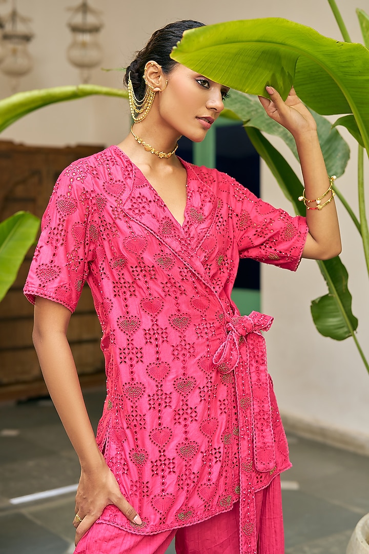 Fuchsia Pink Pure Modal Silk & Pure Cotton Silk Pant Set by Vidushi Gupta at Pernia's Pop Up Shop