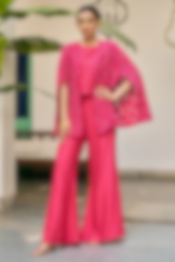 Fuchsia Pink Pure Modal Silk Hand Embroidered Cape Set by Vidushi Gupta at Pernia's Pop Up Shop