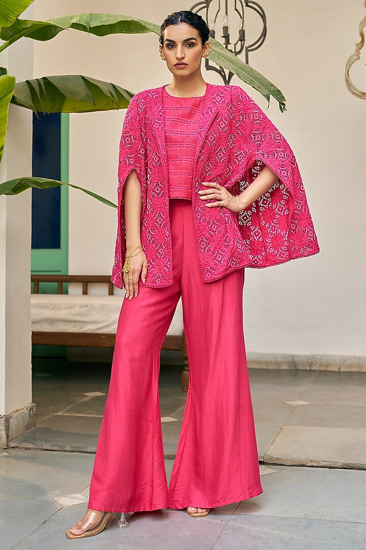 Fuchsia Pink Pure Modal Silk Hand Embroidered Cape Set by Vidushi Gupta at Pernia's Pop Up Shop