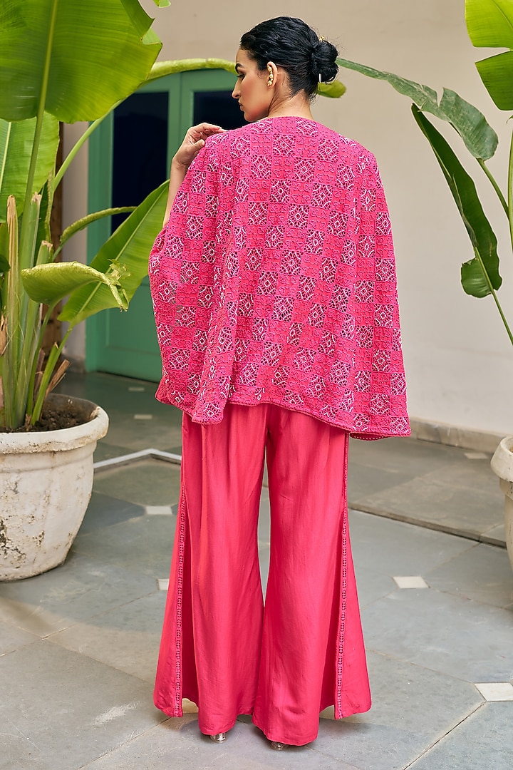 Fuchsia Pink Pure Modal Silk Hand Embroidered Cape Set by Vidushi Gupta at Pernia's Pop Up Shop
