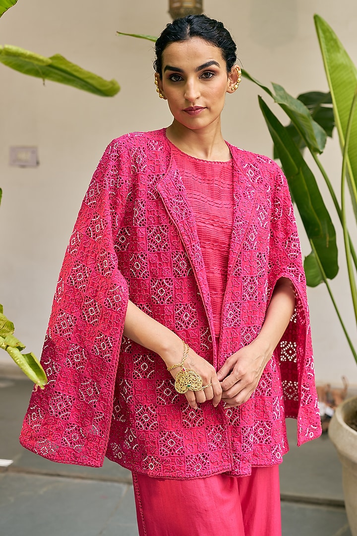 Fuchsia Pink Pure Modal Silk Hand Embroidered Cape Set by Vidushi Gupta at Pernia's Pop Up Shop